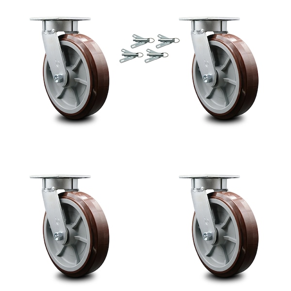8 Inch Kingpinless Poly on Polyolefin Wheel Swivel Caster Set with Swivel Lock